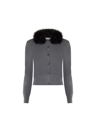Dunkelgrauer Viskose-Cardigan mit Faux-Fur-Kragen