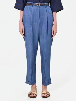 Blaue Lyocell-Hose mit Bundfalten