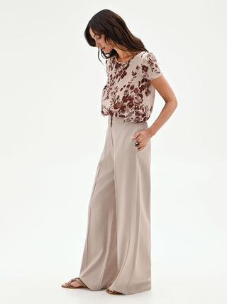 Pressed-Crease Taupe Palazzo Trousers