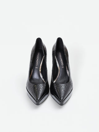 Black Croc-Embossed Platform Pumps
