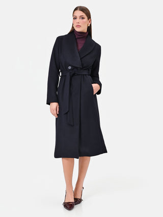 Cappotto lungo blu con collo a scialle