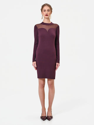 Burgundy Viscose Sheath Dress with Mesh Insert
