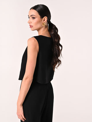 Crop Top Nero con Bottoni Gioiello