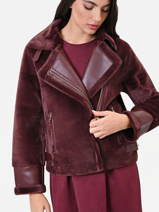 Chocolate Cropped Aviator Jacket with Faux Leather Details