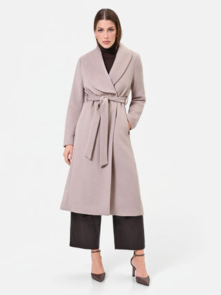 Abrigo midi beige topo con cinturón