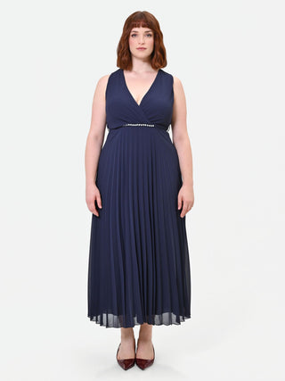 Abito Curvy plissé blu navy con scollo incrociato