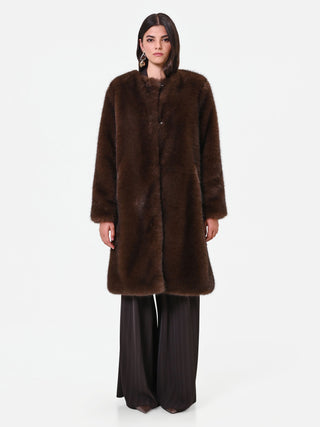Cappotto girocollo effetto pelliccia marrone moro