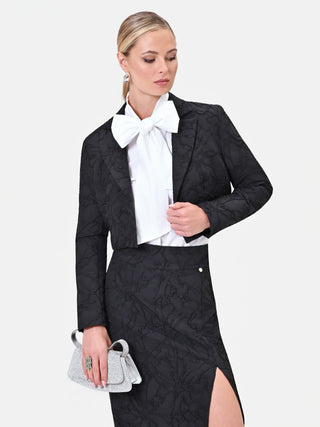 Giacca cropped nera in tessuto jacquard