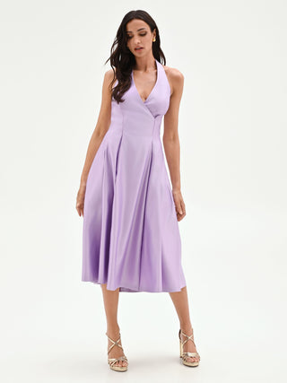 Lilac Satin Crossover Halterneck Midi Dress