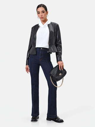 Navy Blue Flared Jeans with Gold Buttons