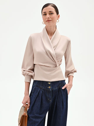 Taupe Beige Satin Wrap Blouse