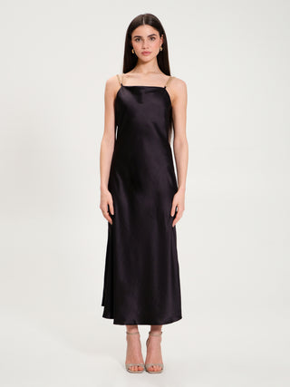 Black Cowl-Neck Dress with Chain