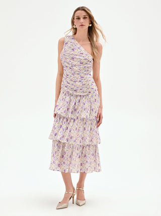 Lilac Floral One-Shoulder Midi Dress