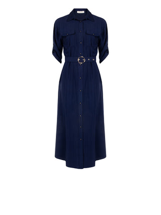 Navy Blue Shirt Dress in Crinkled Viscose Blend