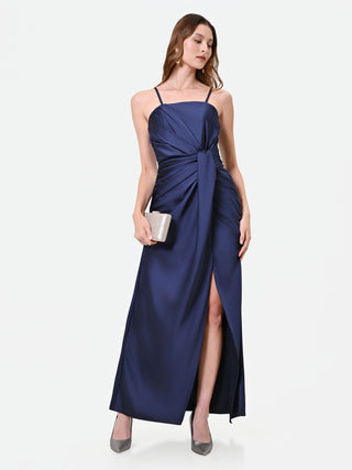 Abito lungo blu navy con nodo e drappeggio