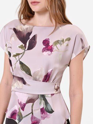 Floral-Print Taupe Satin Blouse