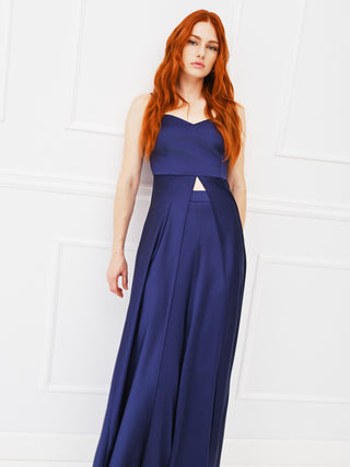 Long atelier top in indigo blue satin