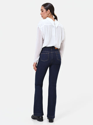 Navy Blue Flared Jeans with Gold Buttons