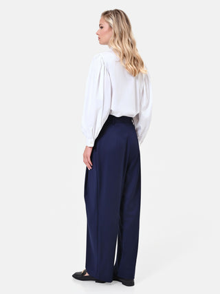 Navyblaue Palazzo-Hose mit Bundfalten aus Tech-Gewebe