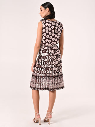 Robe midi plissée imprimé fleuri chocolat