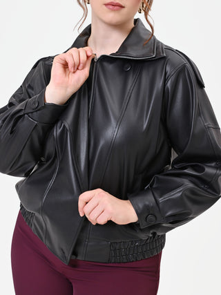 Curvy Black Faux Leather Jacket with Asymmetric Closure