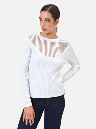 Off-White Ribbed Viscose Top with Sheer Details