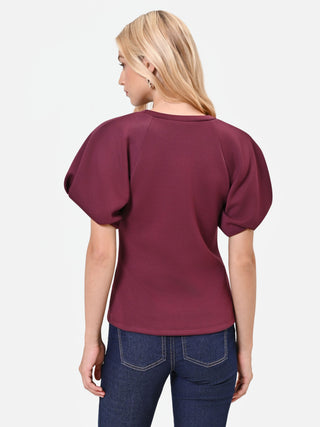 T-shirt bordeaux rosso con maniche a palloncino in tessuto strutturato