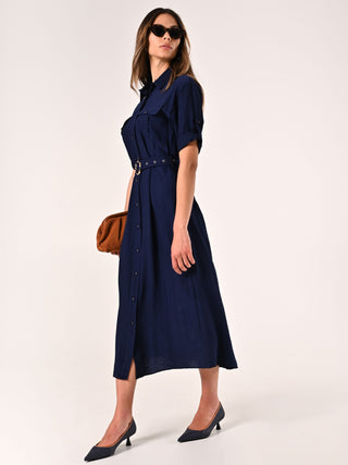 Navy Blue Shirt Dress in Crinkled Viscose Blend