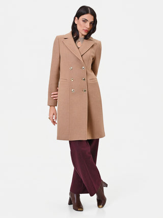 Beige Camel Double-Breasted Coat with Gold Buttons