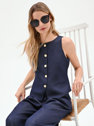 Blue Denim Vest with Gold Buttons