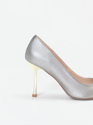 Silver Pointed-Toe Pumps with Gold Mirror Heel