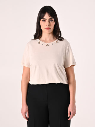 T-shirt curvy beige avec pierres