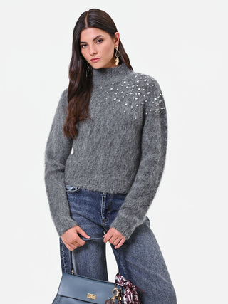 Crystal-Embellished Grey Mohair Sweater