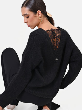 Black Wool Sweater with Fringed Neckline