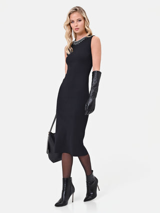 Black Viscose Knit Sheath Dress with Jewel Details