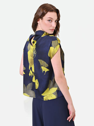Navy Blue Floral Print Draped Top
