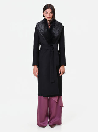 Cappotto midi nero con collo effetto pelliccia