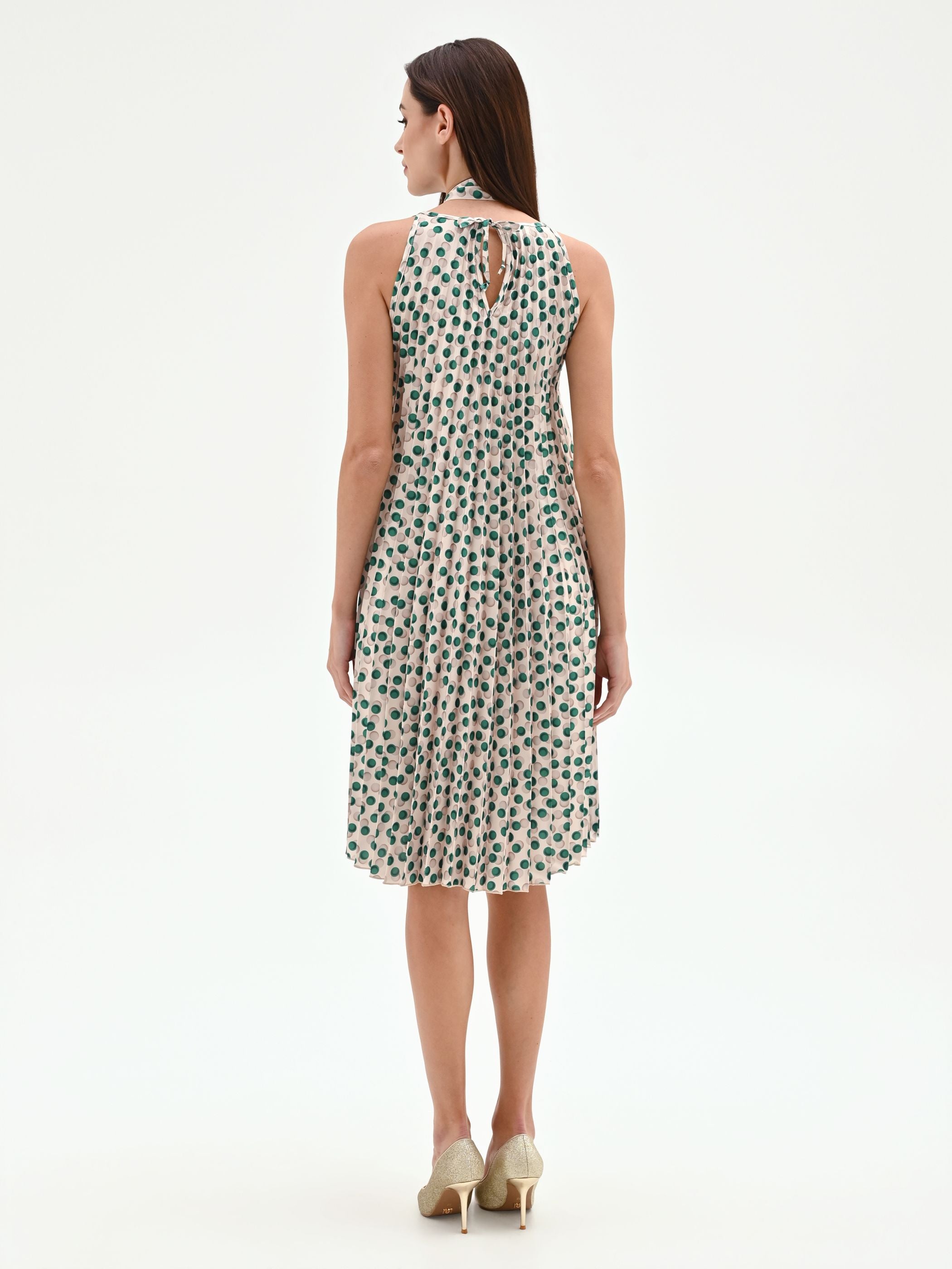 Green Pliss Polka Dot Dress with Neck Bow Rinascimento Green Pliss Polka Dot Dress with Neck Bow Rinascimento
