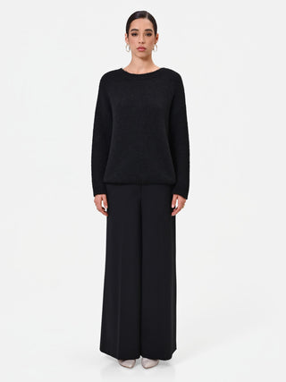 Black Wool Sweater with Fringed Neckline