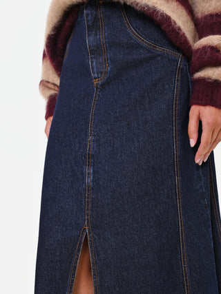 Gonna lunga in denim blu navy con spacco frontale