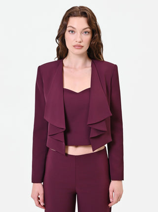 Burgundy Red Cropped Jacket with Cascading Lapels