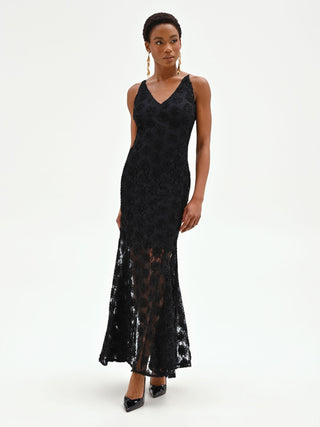 Langes schwarzes Mermaid-Kleid mit floraler Textur