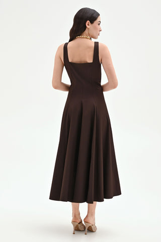 Czekoladowa rozkloszowana sukienka z popeliny