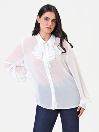 Camicia Curvy panna con dettaglio jabot e pizzo