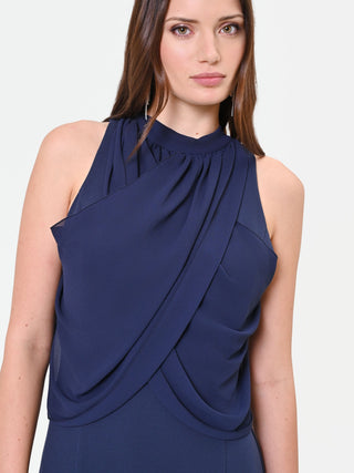 Robe longue bleu marine à encolure drapée