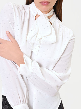 Cream Tie-Neck Blouse with Rhinestones
