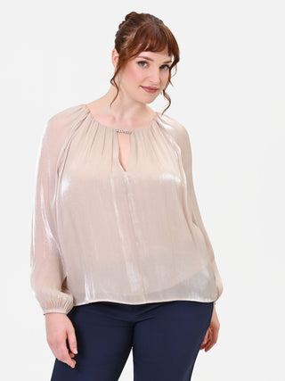 Curvy Beige Taupe Satin Blouse with Jewel Detail