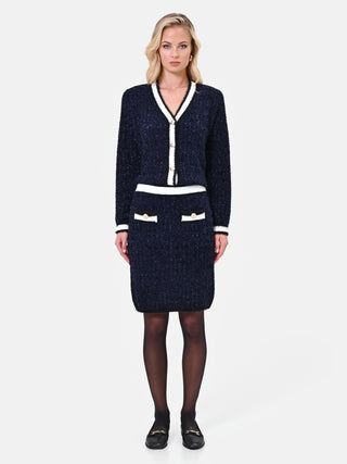 Gonna tubino in maglia blu navy con profili a contrasto