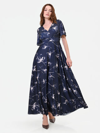Navy Blue Floral Satin Maxi Dress