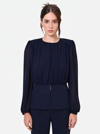 Marineblaue Studio-Bluse aus Georgette mit Schößchen